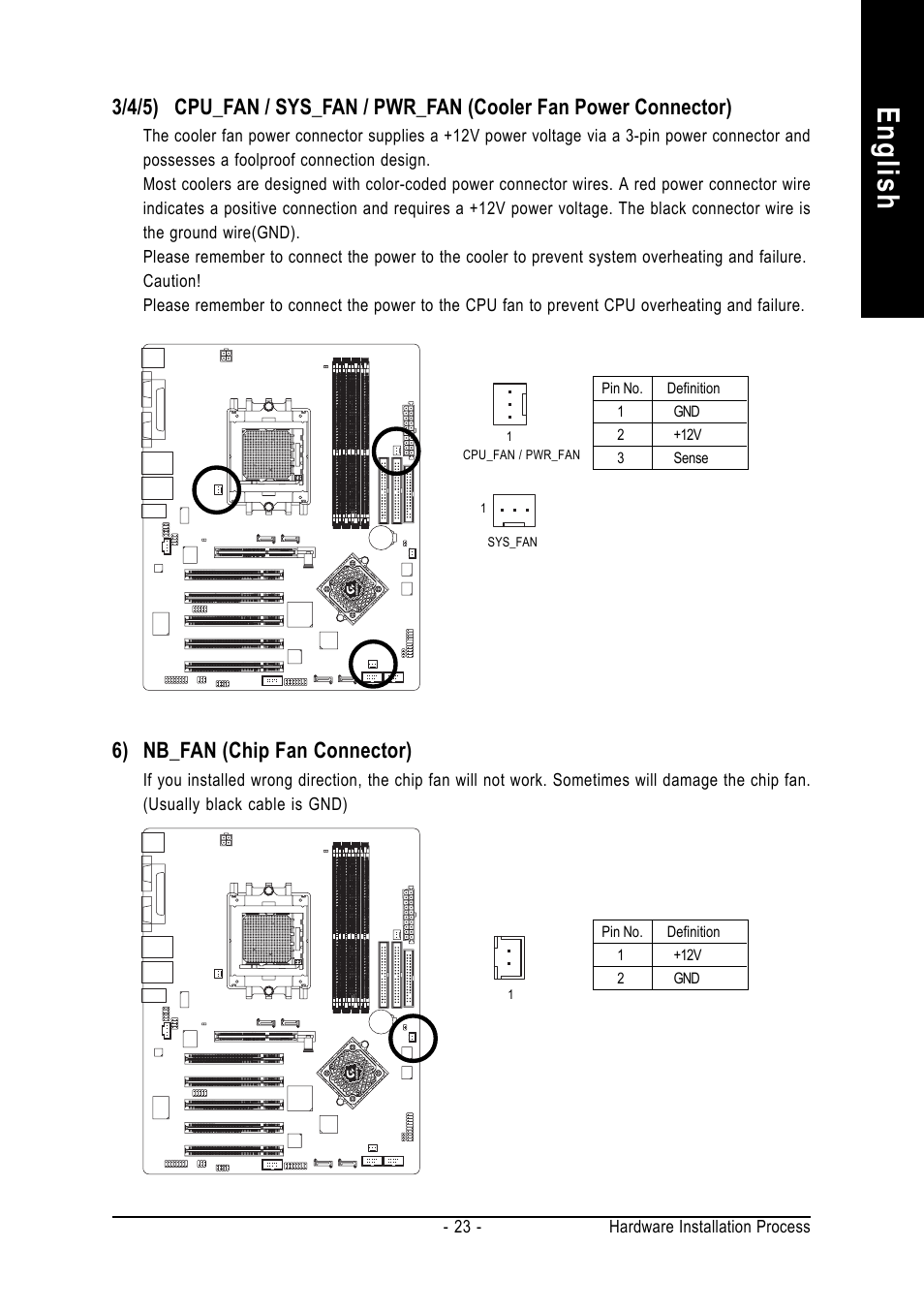 English, 6) nb_fan (chip fan connector) | GIGABYTE GA-K8NS ULTRA-939 User Manual | Page 23 / 96