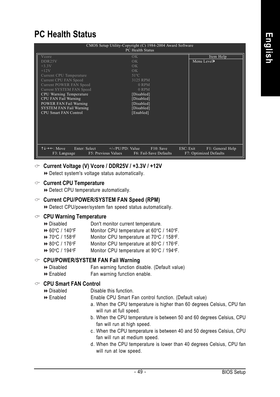 English, Pc health status, Current cpu temperature | Current cpu/power/system fan speed (rpm), Cpu warning temperature, Cpu/power/system fan fail warning, Cpu smart fan control | GIGABYTE GA-K8NS ULTRA-939 User Manual | Page 49 / 96