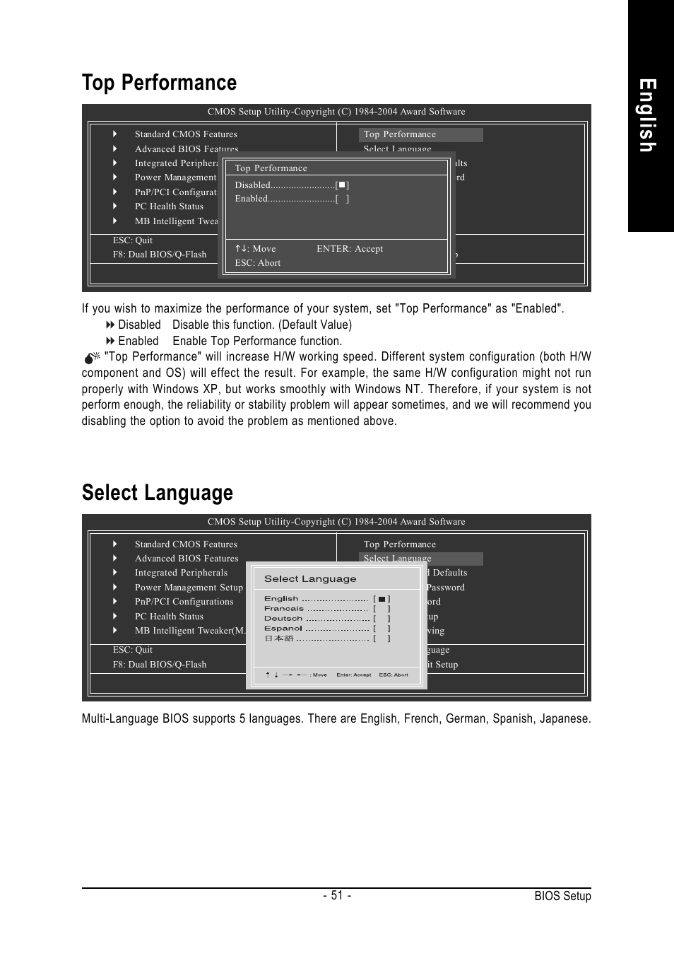 English, Select language, Top performance | GIGABYTE GA-K8NS ULTRA-939 User Manual | Page 51 / 96