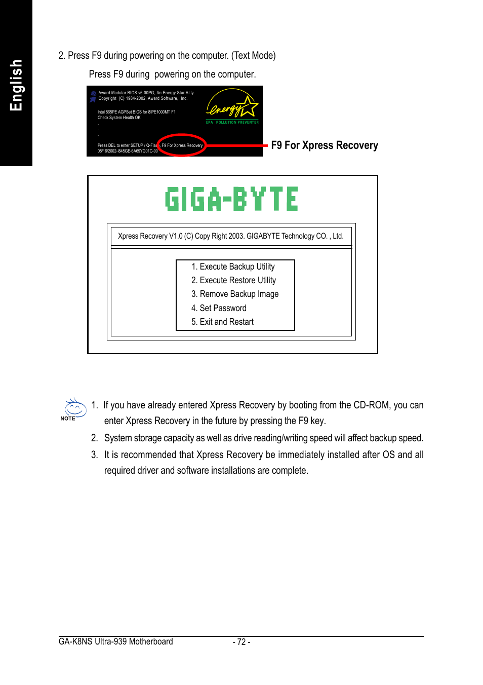 English, F9 for xpress recovery | GIGABYTE GA-K8NS ULTRA-939 User Manual | Page 72 / 96