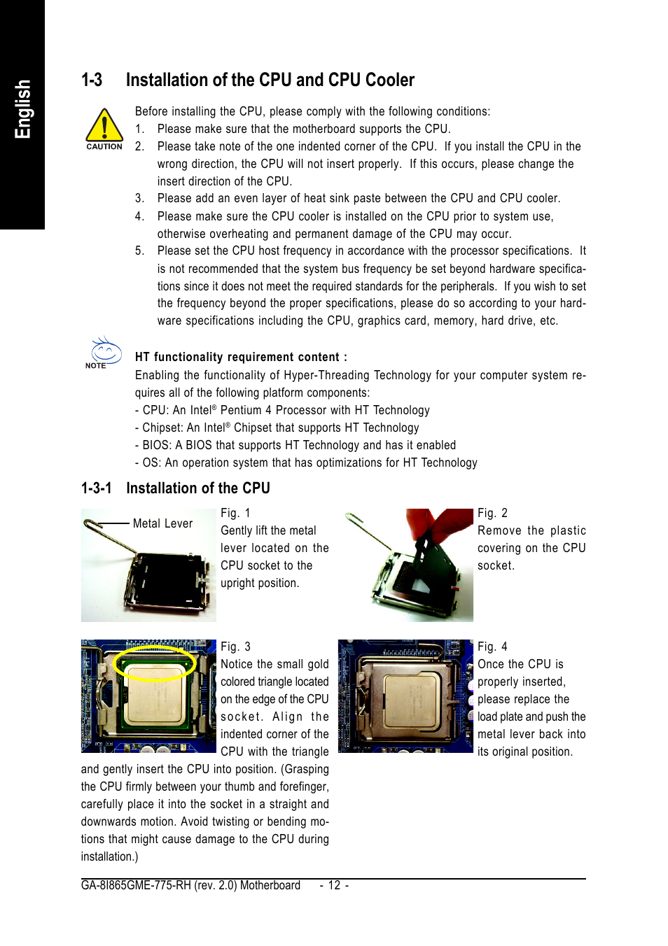 English, 3 installation of the cpu and cpu cooler | GIGABYTE GA-8I865GME-775-RH User Manual | Page 12 / 64