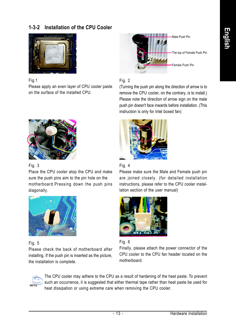 English, 3-2 installation of the cpu cooler | GIGABYTE GA-8I865GME-775-RH User Manual | Page 13 / 64