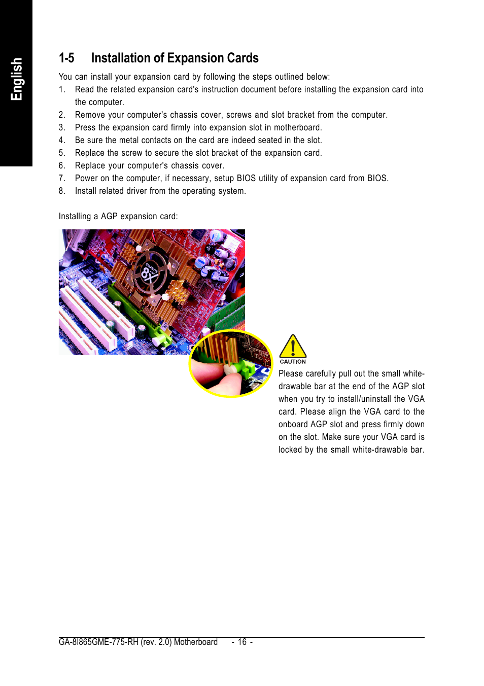 English, 5 installation of expansion cards | GIGABYTE GA-8I865GME-775-RH User Manual | Page 16 / 64