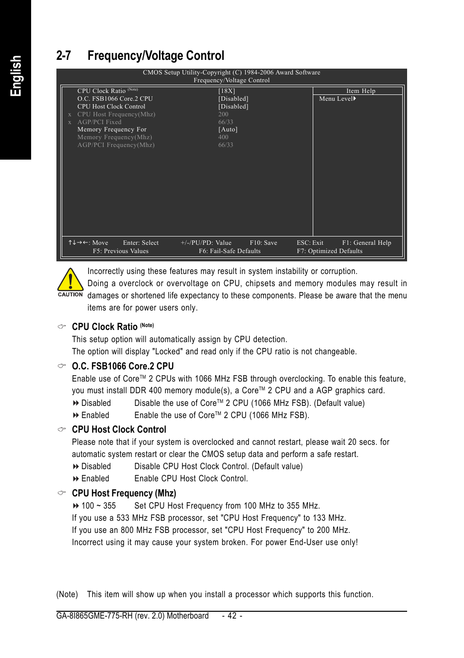 English, 7 frequency/voltage control, Cpu clock ratio | Cpu host clock control, Cpu host frequency (mhz) | GIGABYTE GA-8I865GME-775-RH User Manual | Page 42 / 64