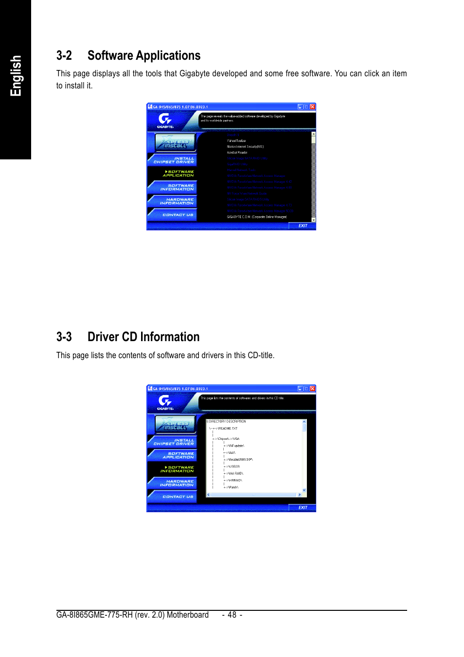 English, 2 software applications, 3 driver cd information | GIGABYTE GA-8I865GME-775-RH User Manual | Page 48 / 64