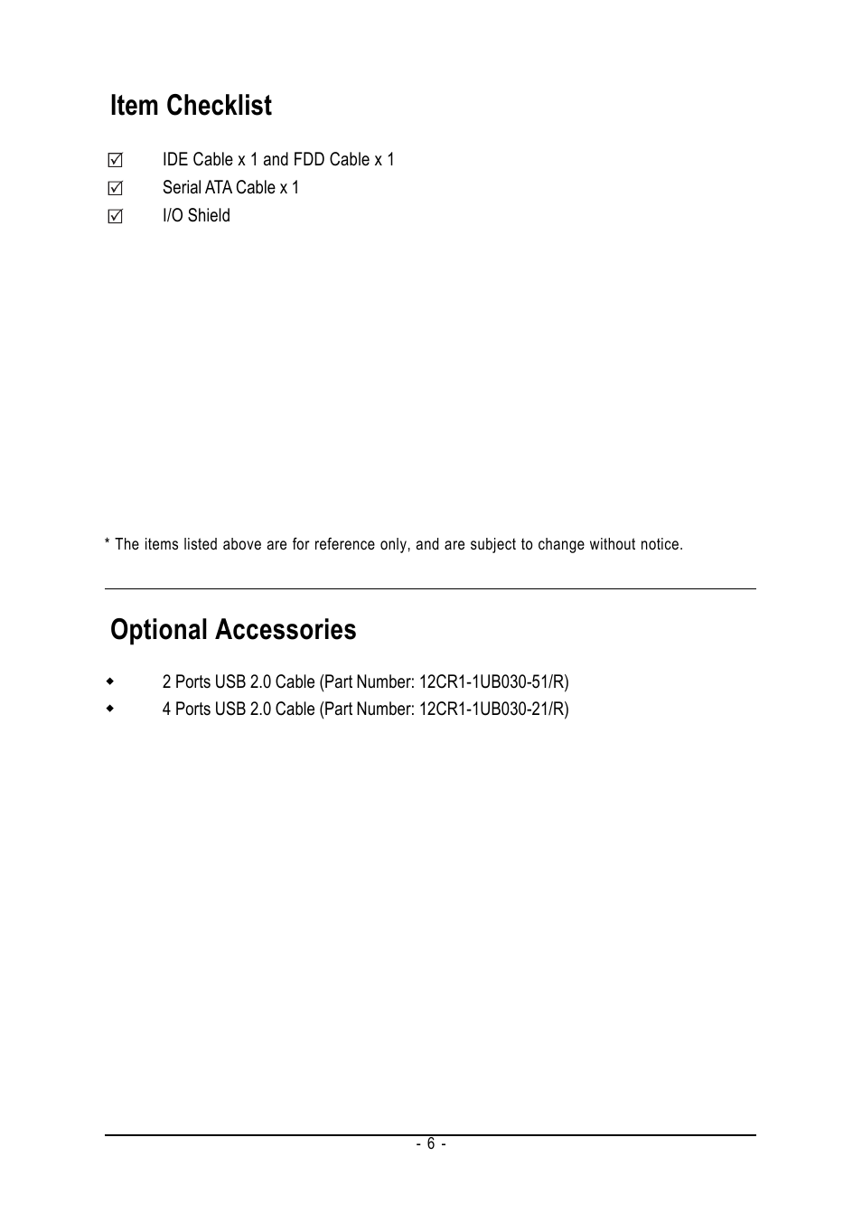 Item checklist, Optional accessories | GIGABYTE GA-8I865GME-775-RH User Manual | Page 6 / 64