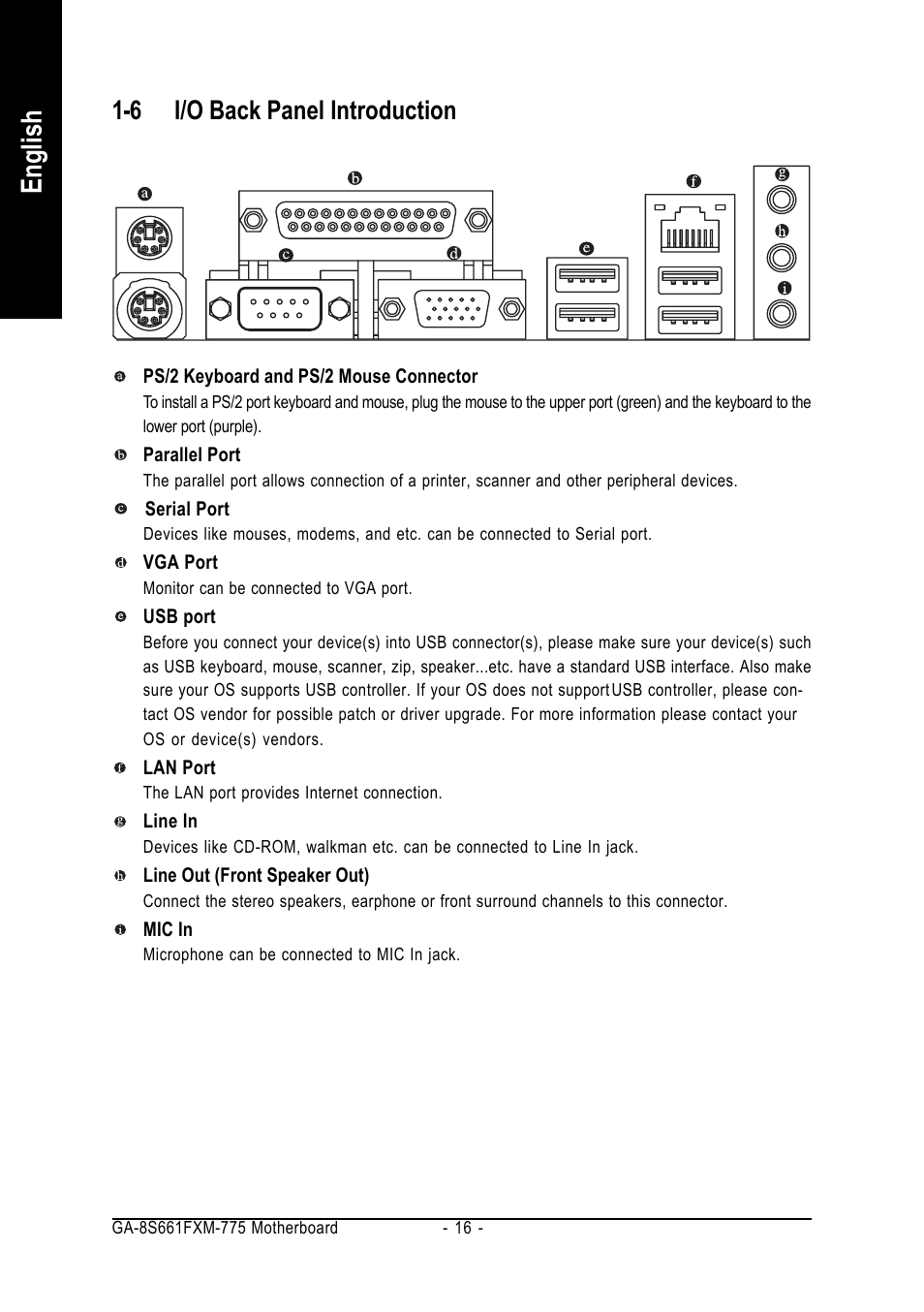 English, 6 i/o back panel introduction | GIGABYTE GA-8S661FXM-775 User Manual | Page 16 / 88