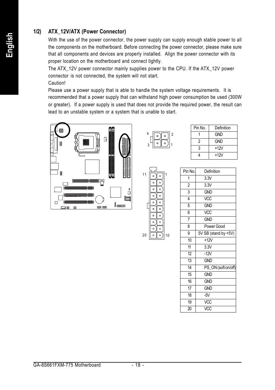 English, 1/2) atx_12v/atx (power connector) | GIGABYTE GA-8S661FXM-775 User Manual | Page 18 / 88