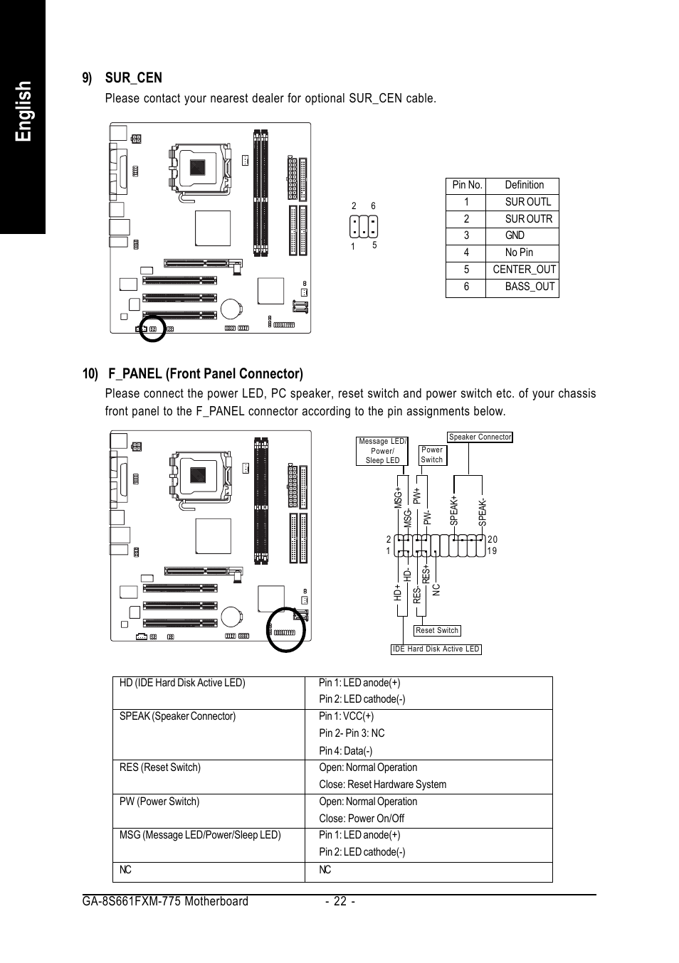 English, 10) f_panel (front panel connector), 9) sur_cen | GIGABYTE GA-8S661FXM-775 User Manual | Page 22 / 88