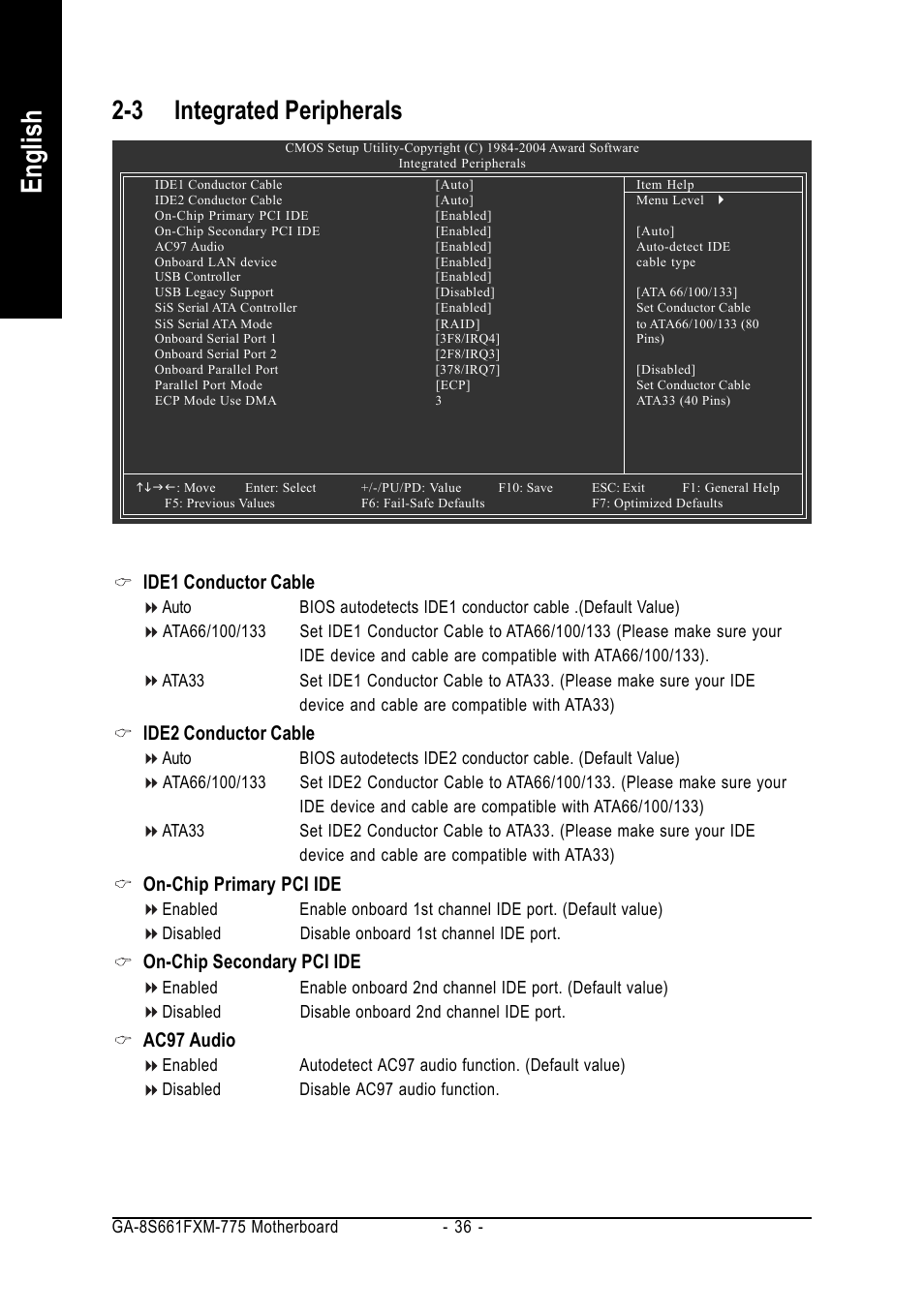 English, 3 integrated peripherals, Ide1 conductor cable | Ide2 conductor cable, On-chip primary pci ide, On-chip secondary pci ide, Ac97 audio | GIGABYTE GA-8S661FXM-775 User Manual | Page 36 / 88