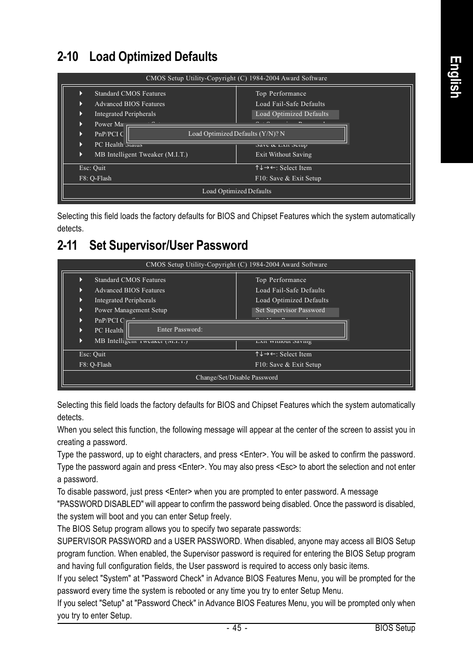 English, 11 set supervisor/user password, 10 load optimized defaults | Bios setup - 45 | GIGABYTE GA-8S661FXM-775 User Manual | Page 45 / 88
