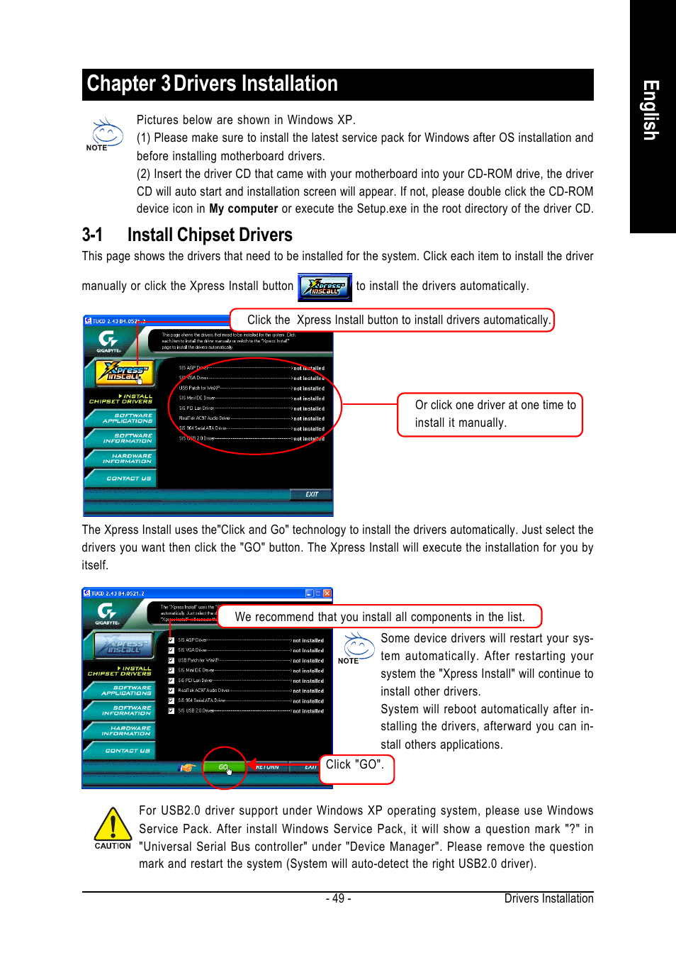 Chapter 3drivers installation, English, 1 install chipset drivers | GIGABYTE GA-8S661FXM-775 User Manual | Page 49 / 88