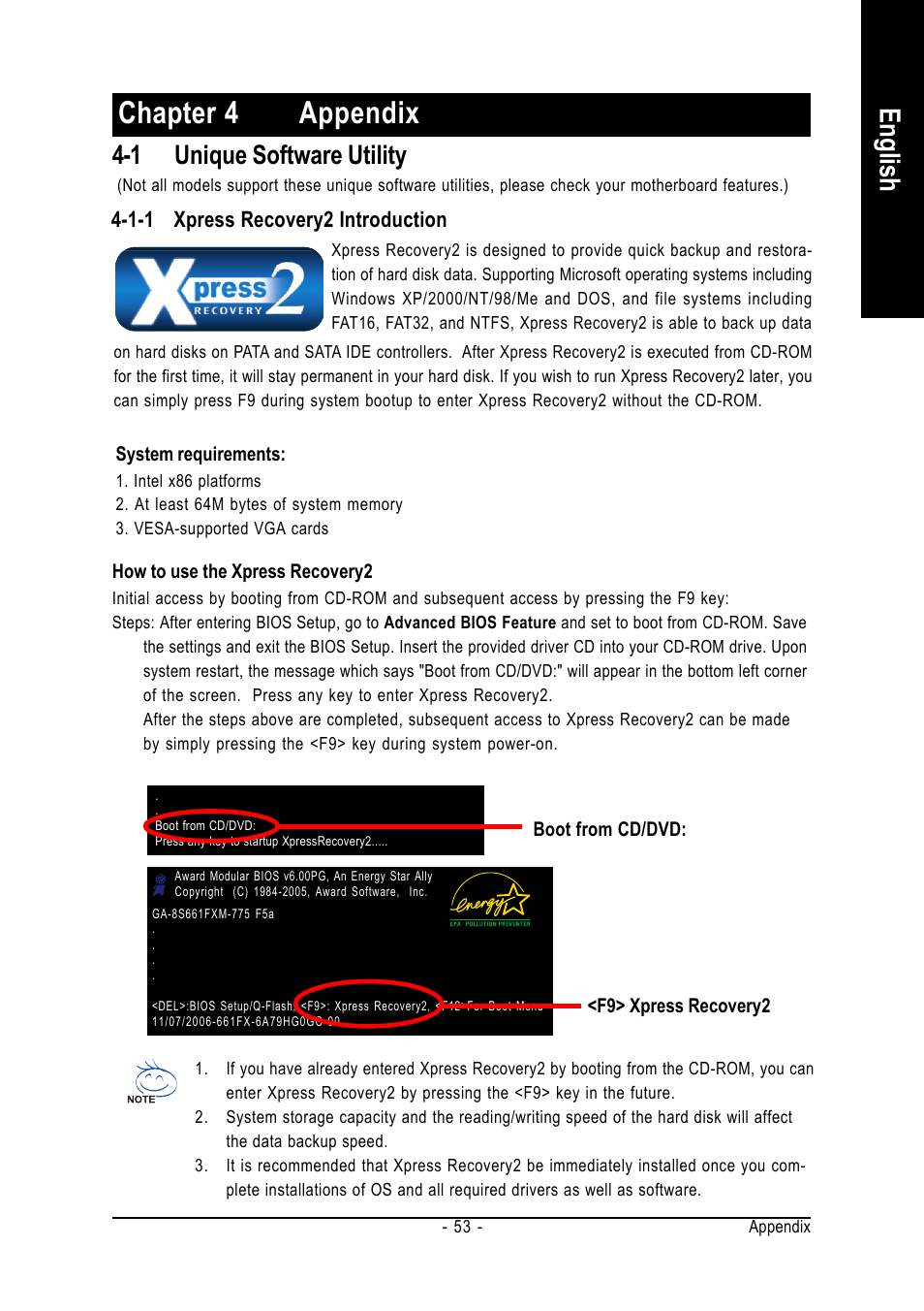 Chapter 4 appendix, English, 1 unique software utility | GIGABYTE GA-8S661FXM-775 User Manual | Page 53 / 88