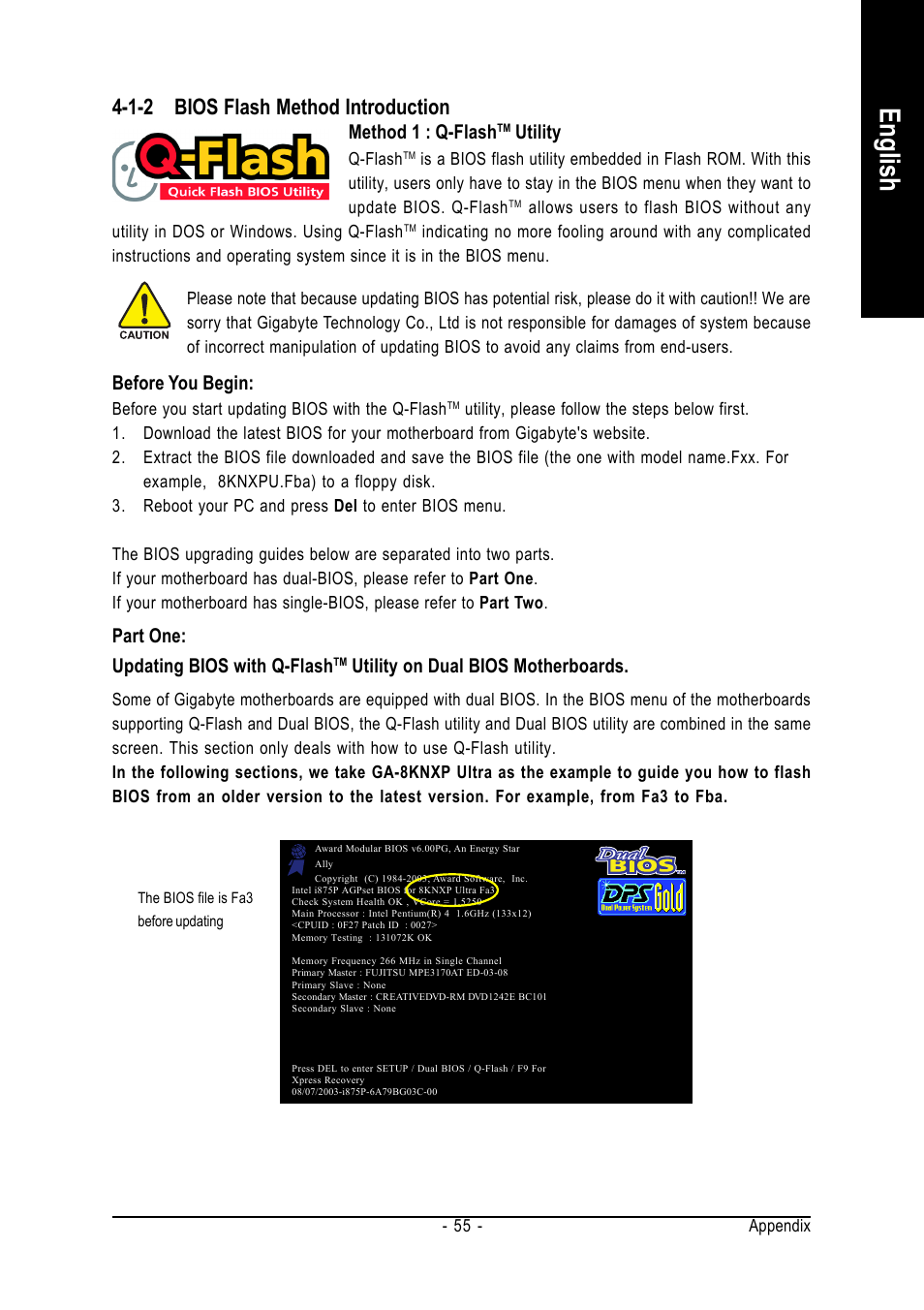 English, 1-2 bios flash method introduction, Method 1 : q-flash | Utility, Before you begin, Part one: updating bios with q-flash, Utility on dual bios motherboards | GIGABYTE GA-8S661FXM-775 User Manual | Page 55 / 88
