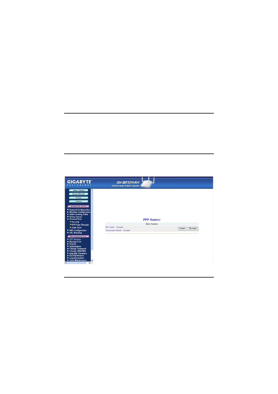 Chapter 7, Using management tools, Overview | The ppp monitor screen, Manage port configuration screen | GIGABYTE AirCruiser GN-BR30N-RH User Manual | Page 48 / 85
