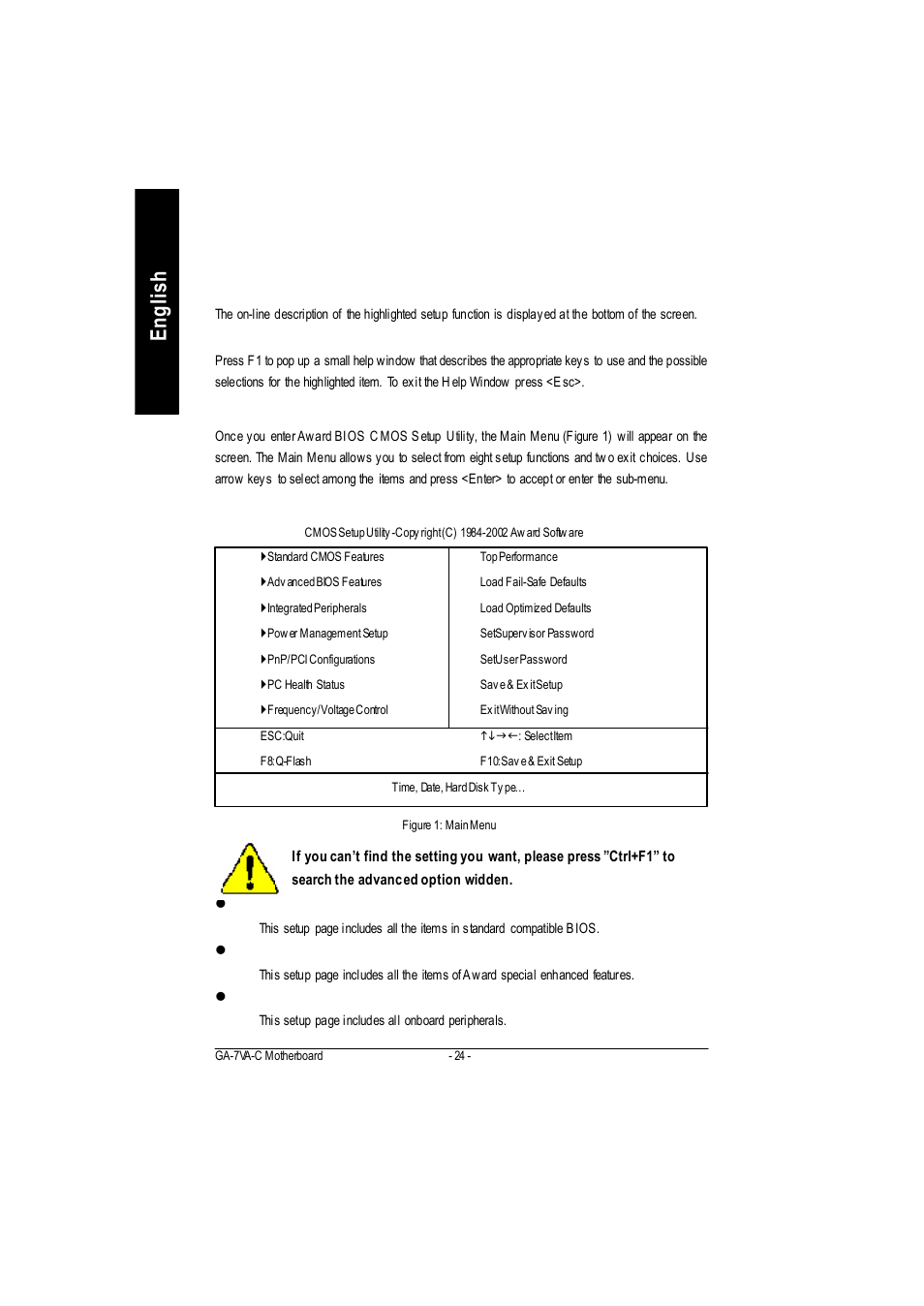 English, The main menu (for example: bios ver. : f6) | GIGABYTE GA-7VAC User Manual | Page 28 / 96