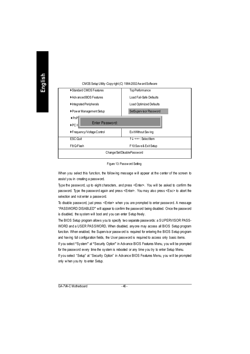 English set supervisor/user password | GIGABYTE GA-7VAC User Manual | Page 50 / 96