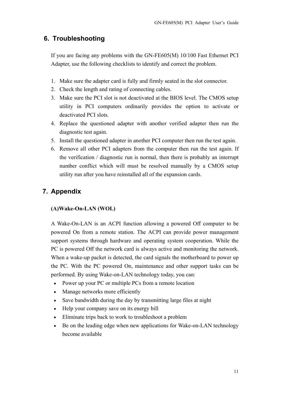 Troubleshooting, Appendix, Wol) | GIGABYTE GN-FE605(M) User Manual | Page 13 / 38