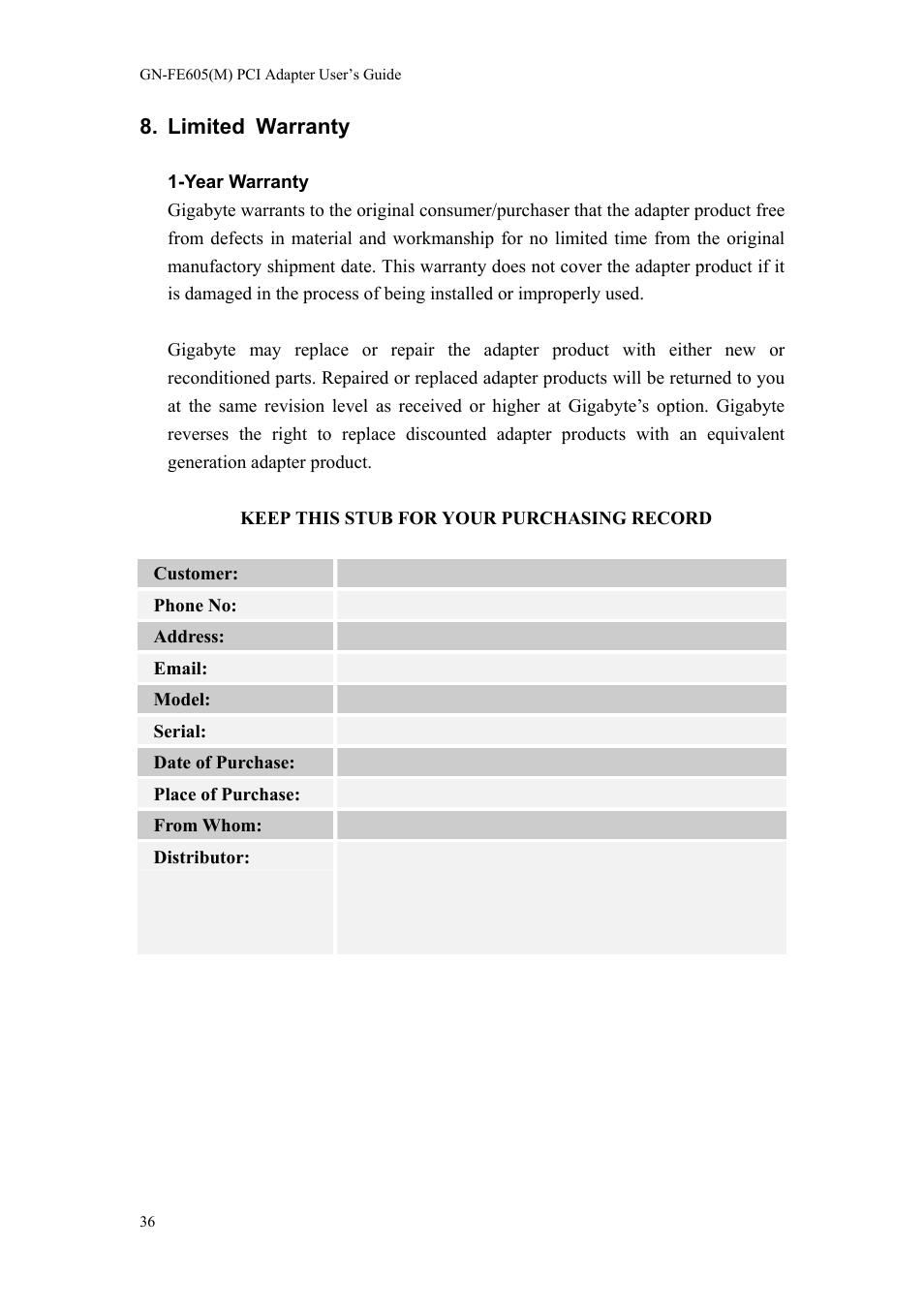 Limited warranty | GIGABYTE GN-FE605(M) User Manual | Page 38 / 38