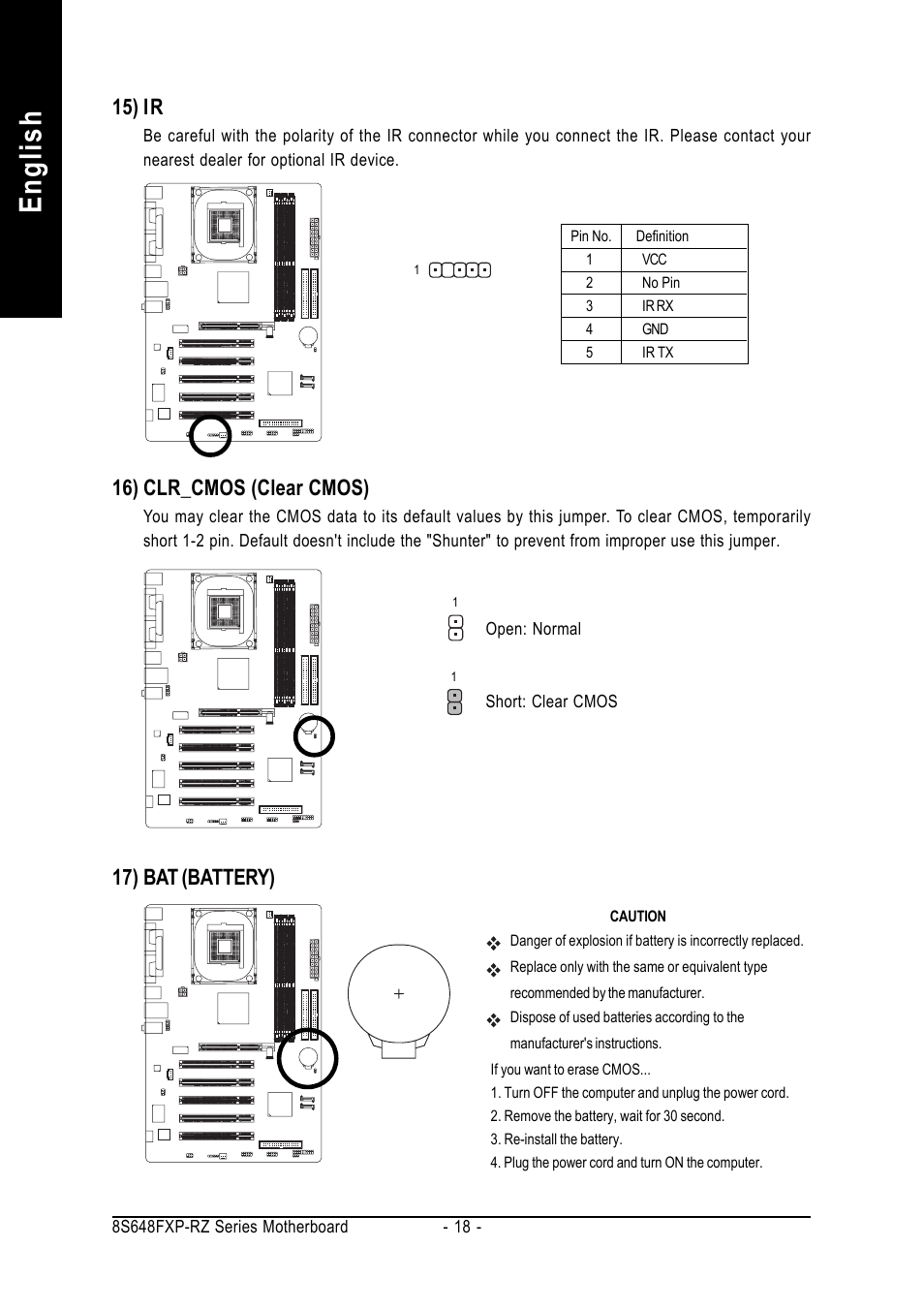 English, 16) clr_cmos (clear cmos), 17) bat (battery) | 15) ir | GIGABYTE 8S648FXP-RZ-C User Manual | Page 18 / 40