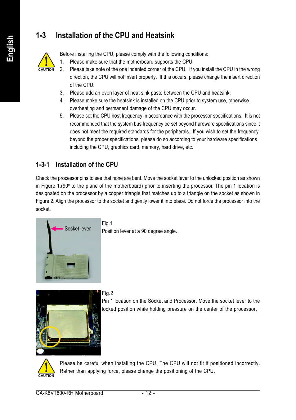 English, 3 installation of the cpu and heatsink | GIGABYTE AMD Socket 754 Processor Motherboard GA-K8VT800-RH User Manual | Page 12 / 80
