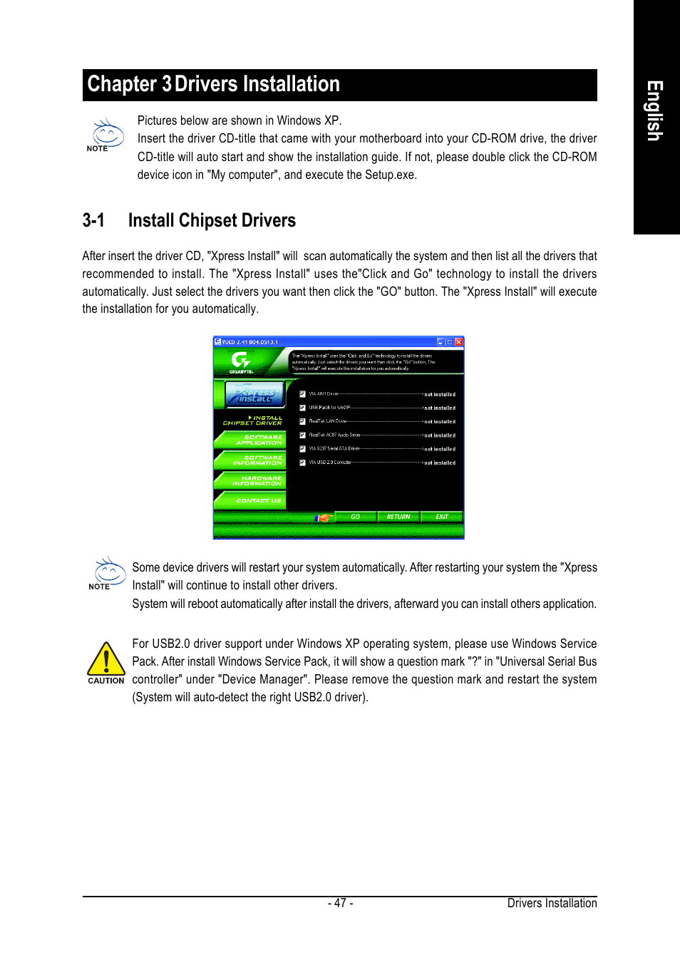 Chapter 3drivers installation, English, 1 install chipset drivers | GIGABYTE AMD Socket 754 Processor Motherboard GA-K8VT800-RH User Manual | Page 47 / 80