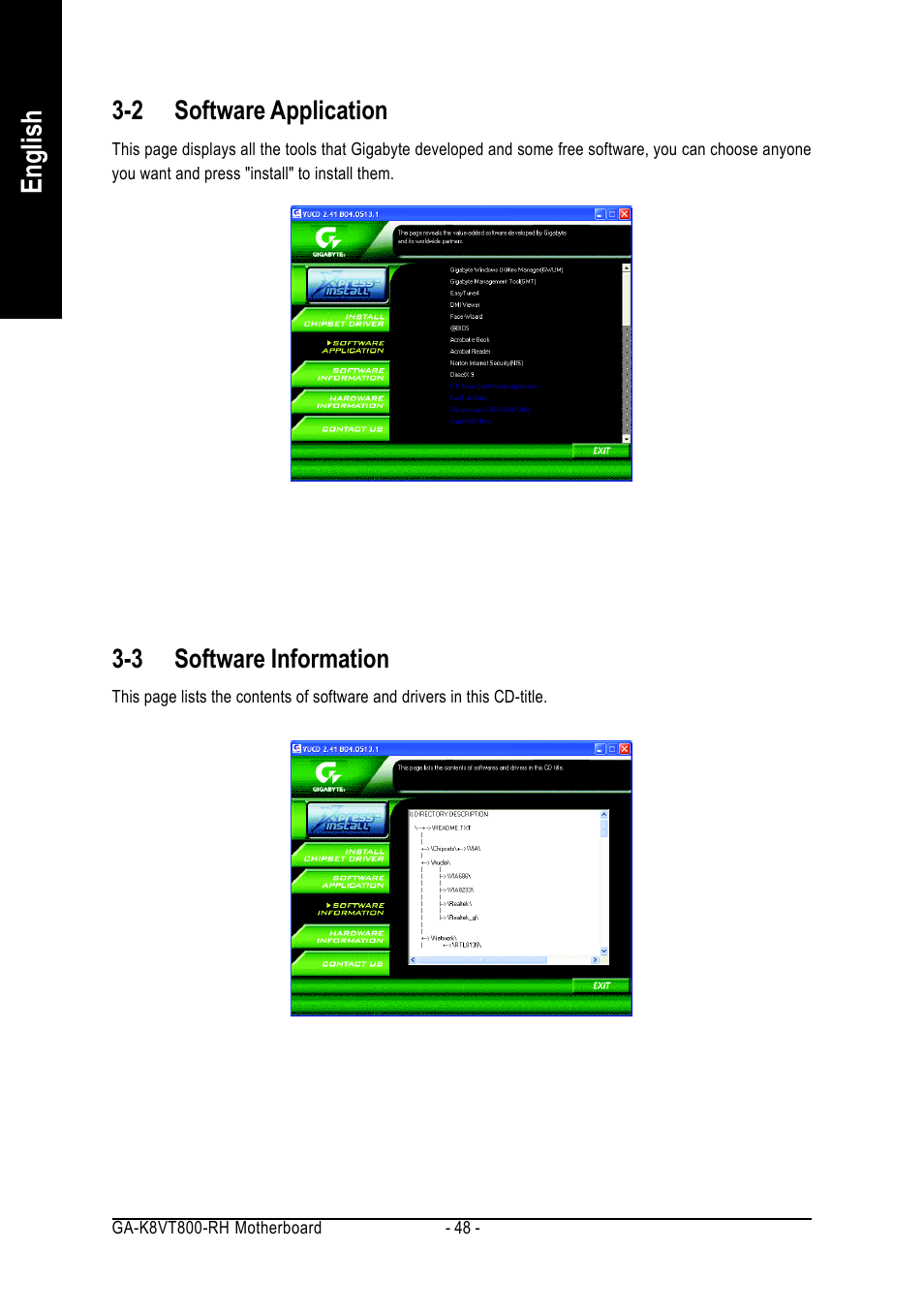English, 2 software application, 3 software information | GIGABYTE AMD Socket 754 Processor Motherboard GA-K8VT800-RH User Manual | Page 48 / 80
