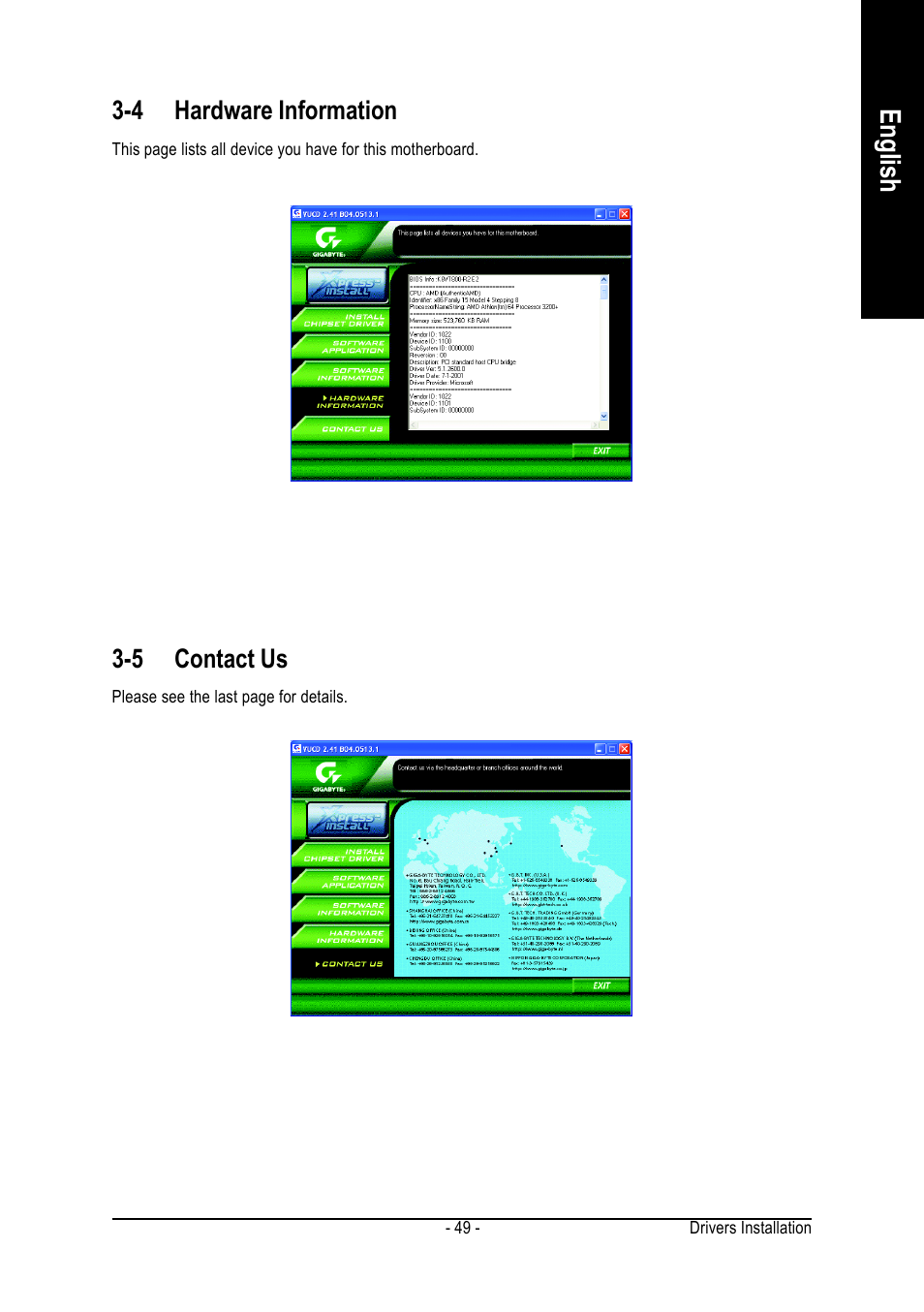English, 4 hardware information, 5 contact us | GIGABYTE AMD Socket 754 Processor Motherboard GA-K8VT800-RH User Manual | Page 49 / 80