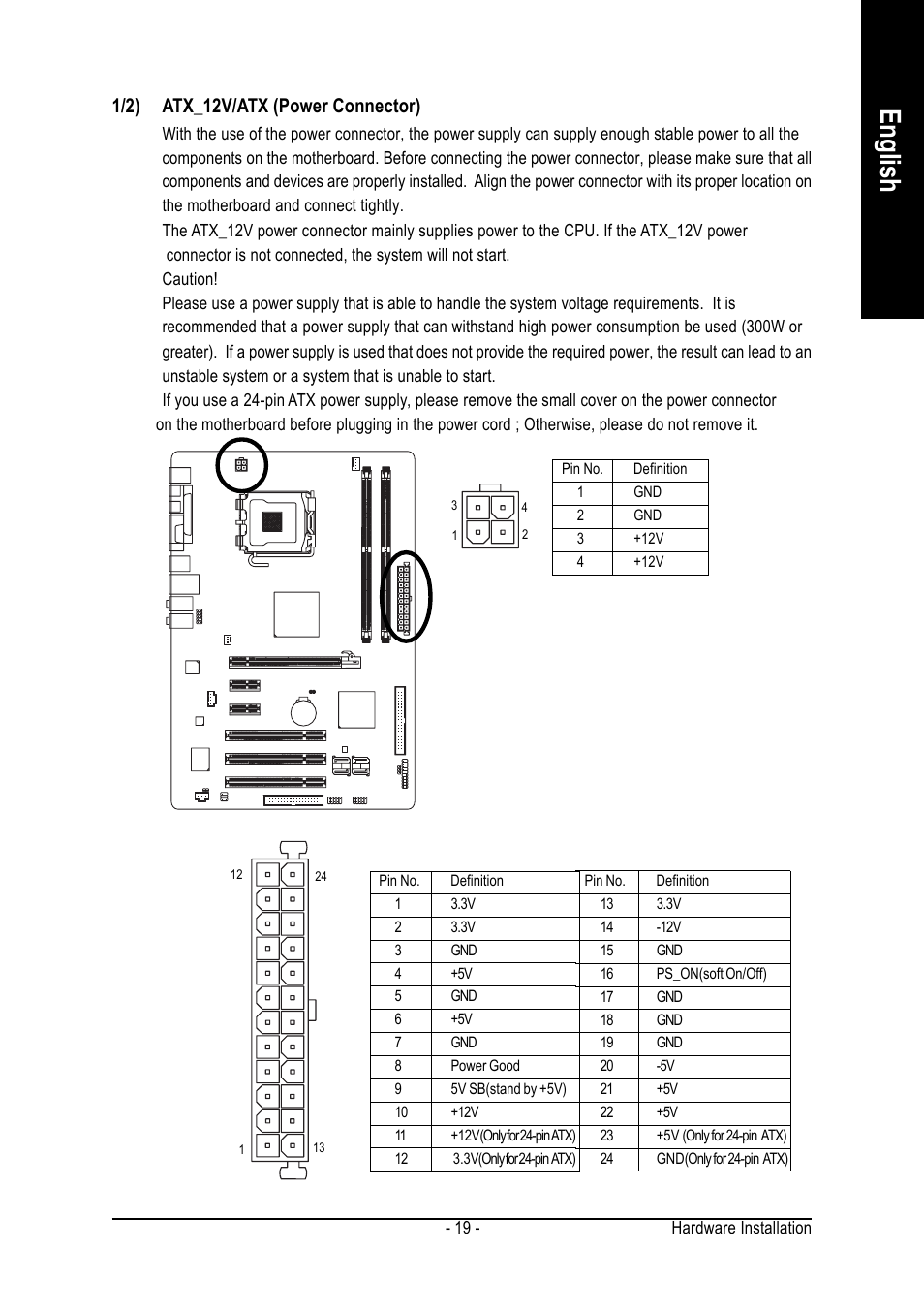 English, 1/2) atx_12v/atx (power connector) | GIGABYTE GA-8I945PLGE-RH User Manual | Page 19 / 80