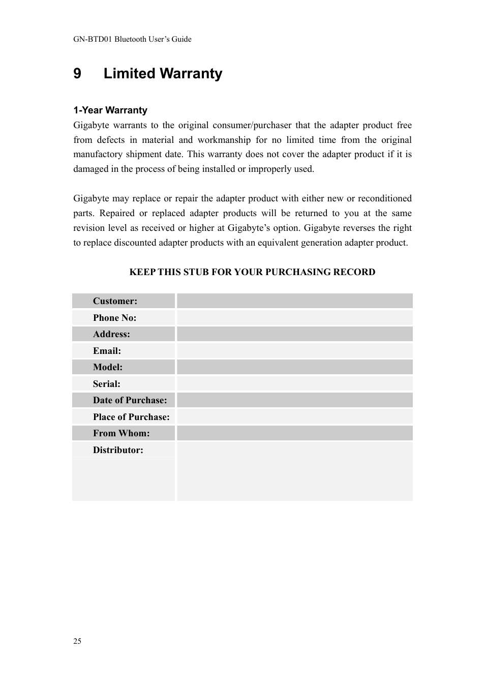 9 limited warranty | GIGABYTE GN-BTD01 User Manual | Page 28 / 28