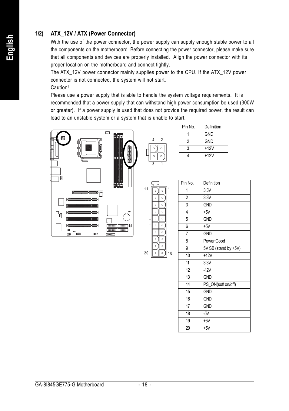 English, 1/2) atx_12v / atx (power connector) | GIGABYTE GA-8I845GE775-G User Manual | Page 18 / 72