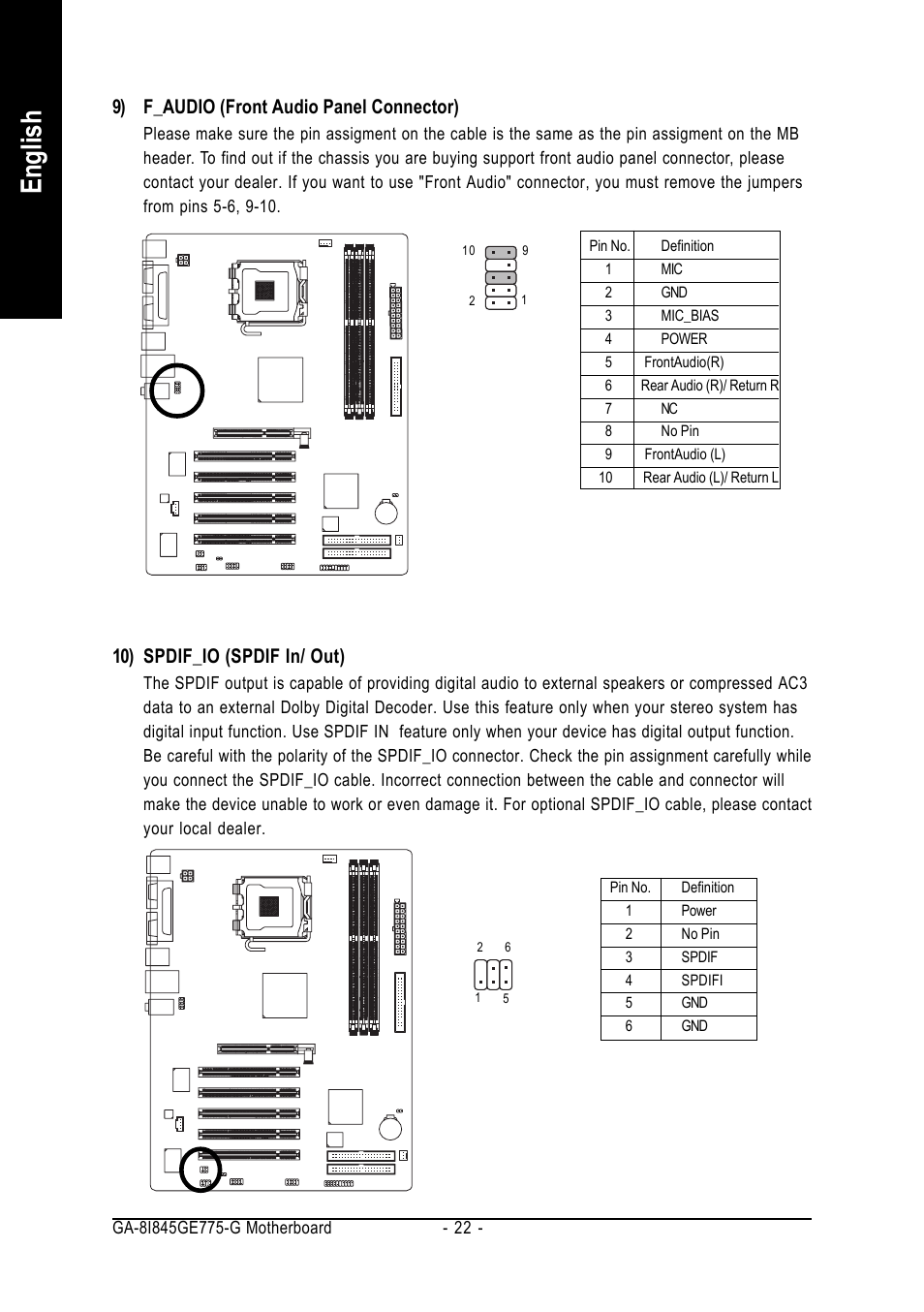 English, 9) f_audio (front audio panel connector), 10) spdif_io (spdif in/ out) | GIGABYTE GA-8I845GE775-G User Manual | Page 22 / 72