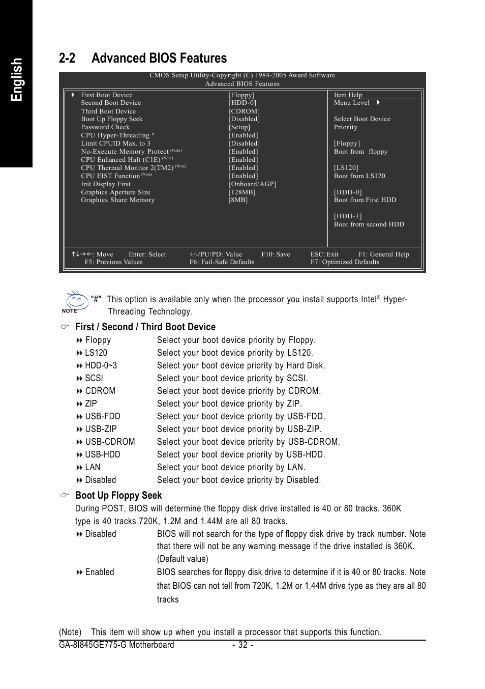 English, 2 advanced bios features, First / second / third boot device | Boot up floppy seek | GIGABYTE GA-8I845GE775-G User Manual | Page 32 / 72