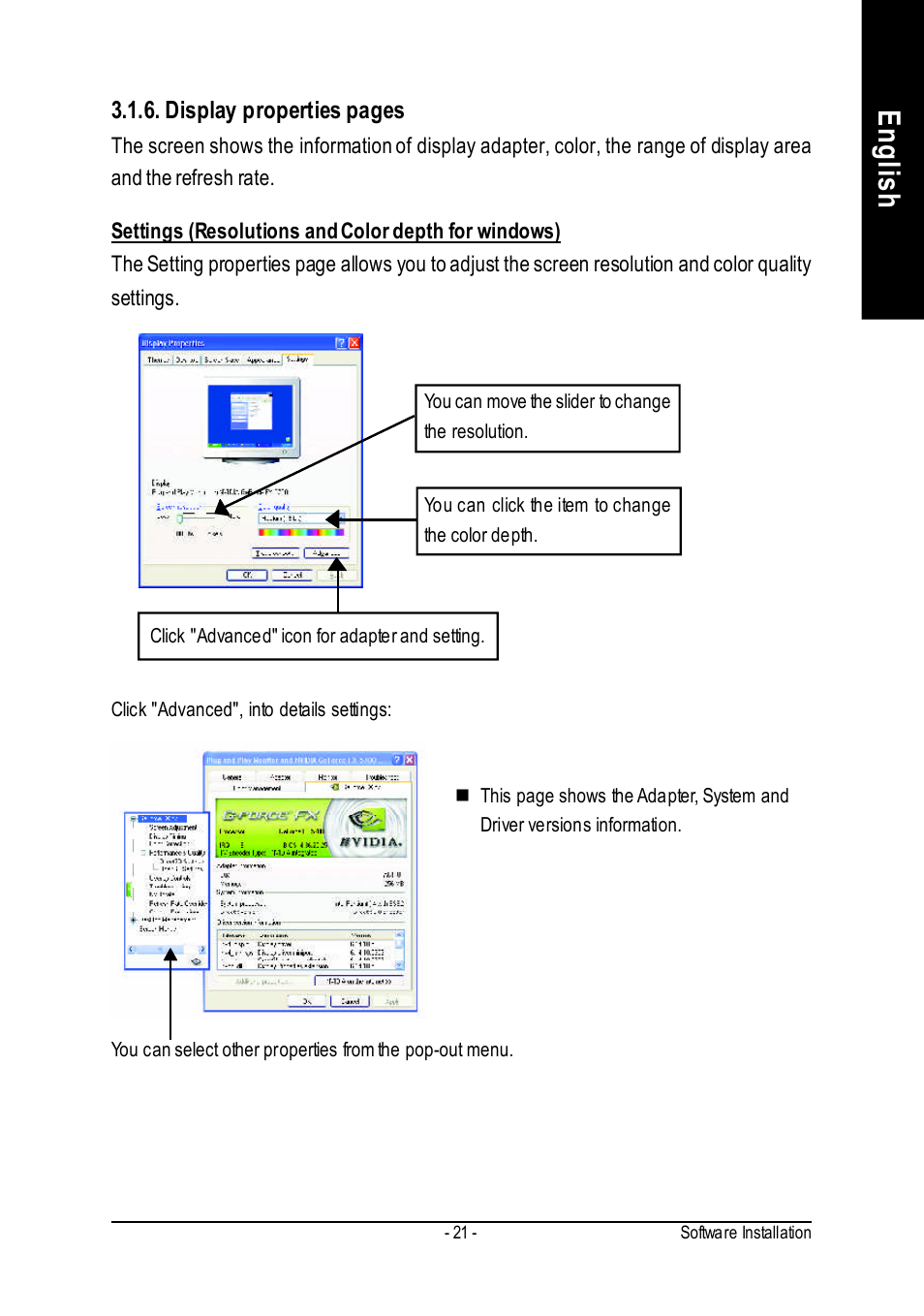 English, Display properties pages | GIGABYTE GeForceTM FX 5700 Graphics Accelerator GV-N57256V User Manual | Page 21 / 39