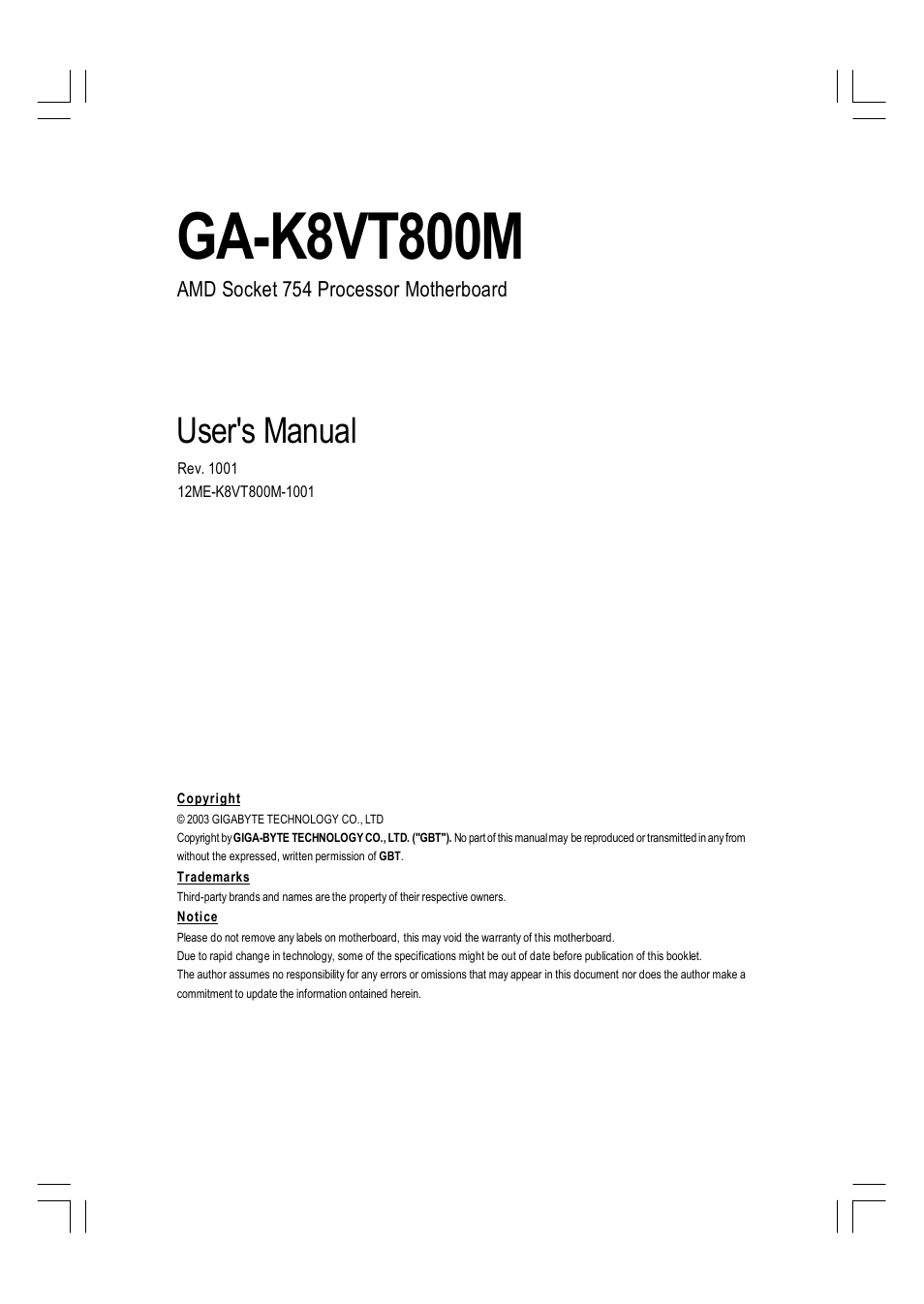 GIGABYTE AMD Socket 754 Processor Motherboard GA-K8VT800M User Manual | 96 pages