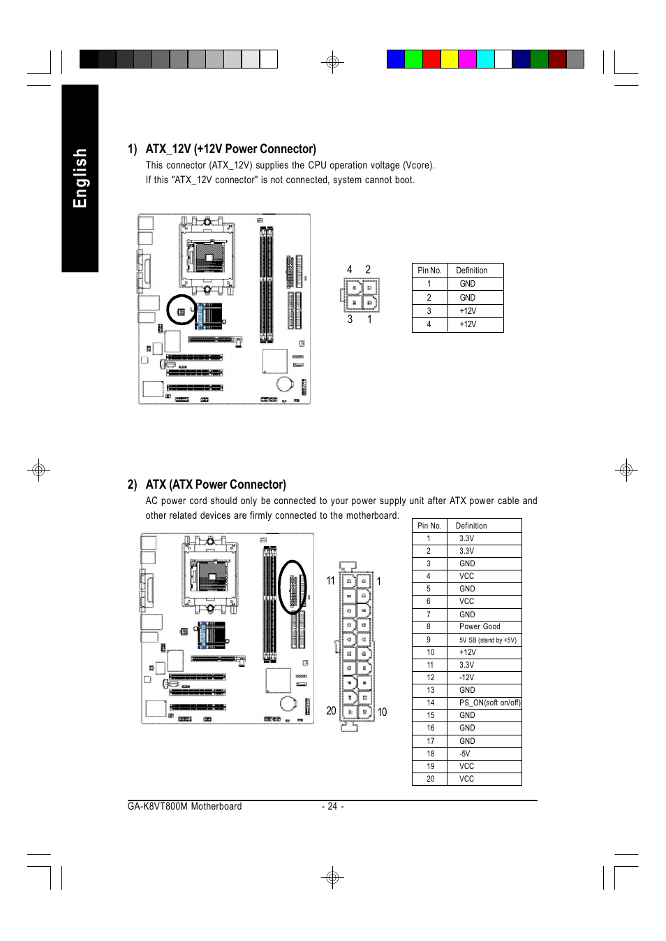 English, 2) atx (atx power connector) | GIGABYTE AMD Socket 754 Processor Motherboard GA-K8VT800M User Manual | Page 24 / 96