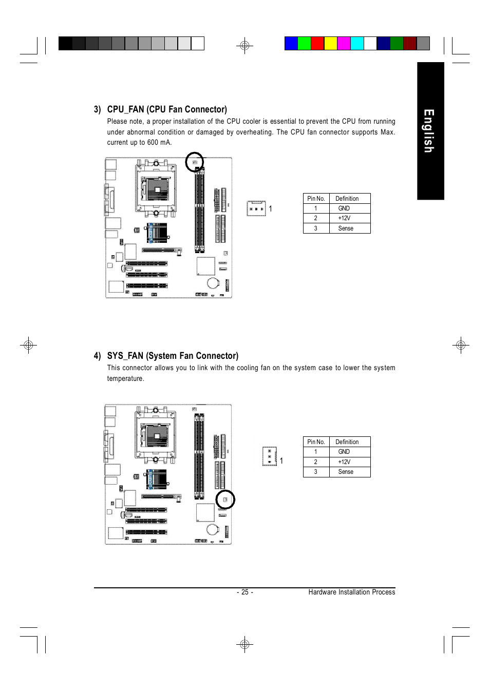 English, 3) cpu_fan (cpu fan connector), 4) sys_fan (system fan connector) | GIGABYTE AMD Socket 754 Processor Motherboard GA-K8VT800M User Manual | Page 25 / 96