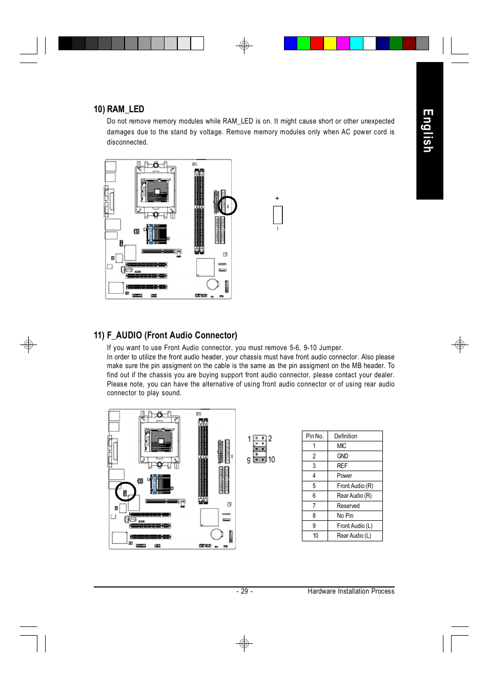 English, 10) ram_led, 11) f_audio (front audio connector) | GIGABYTE AMD Socket 754 Processor Motherboard GA-K8VT800M User Manual | Page 29 / 96