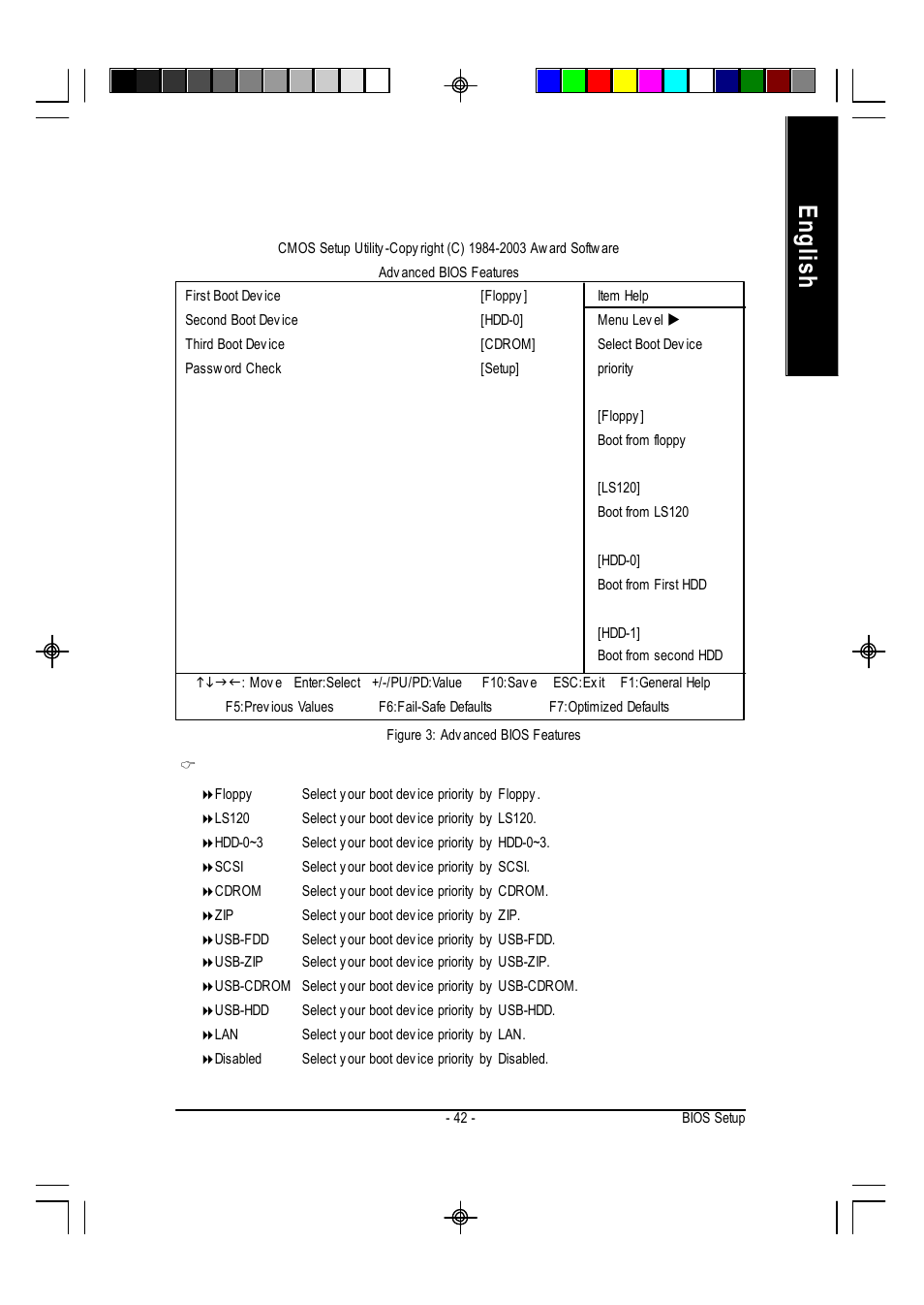 English, Advanced bios features | GIGABYTE AMD Socket 754 Processor Motherboard GA-K8VT800M User Manual | Page 42 / 96