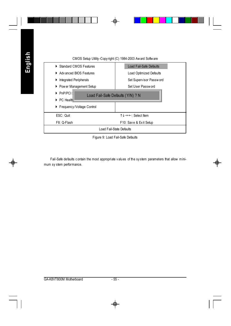 English, Load fail-safe defaults | GIGABYTE AMD Socket 754 Processor Motherboard GA-K8VT800M User Manual | Page 55 / 96