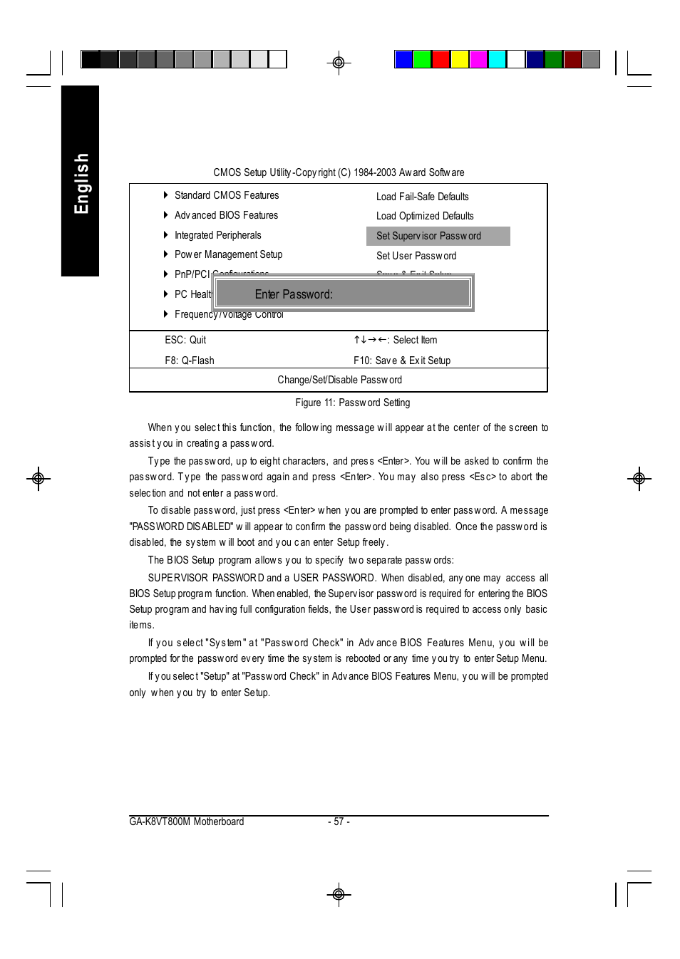 English, Set supervisor/user password | GIGABYTE AMD Socket 754 Processor Motherboard GA-K8VT800M User Manual | Page 57 / 96