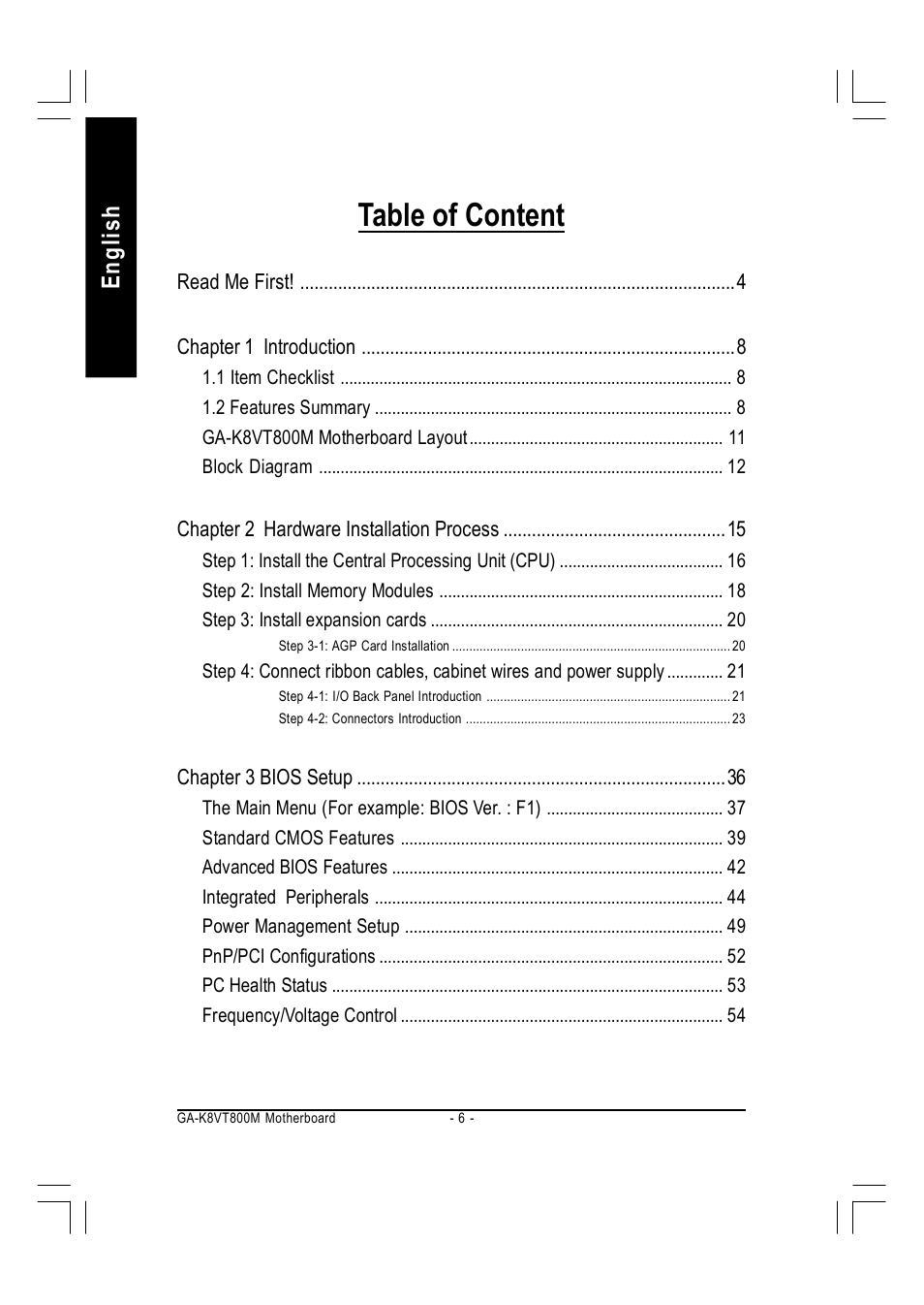 Table of content, English | GIGABYTE AMD Socket 754 Processor Motherboard GA-K8VT800M User Manual | Page 6 / 96
