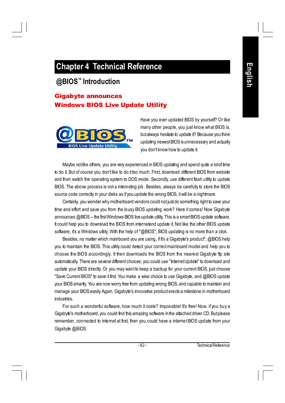 Chapter 4 technical reference, English @bios, Introduction | GIGABYTE AMD Socket 754 Processor Motherboard GA-K8VT800M User Manual | Page 62 / 96