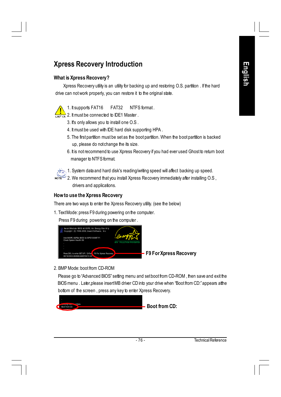 English xpress recovery introduction | GIGABYTE AMD Socket 754 Processor Motherboard GA-K8VT800M User Manual | Page 76 / 96