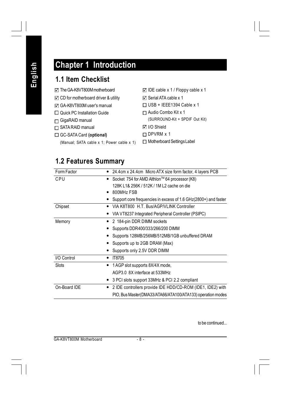 Chapter 1 introduction, English, 2 features summary | 1 item checklist | GIGABYTE AMD Socket 754 Processor Motherboard GA-K8VT800M User Manual | Page 8 / 96