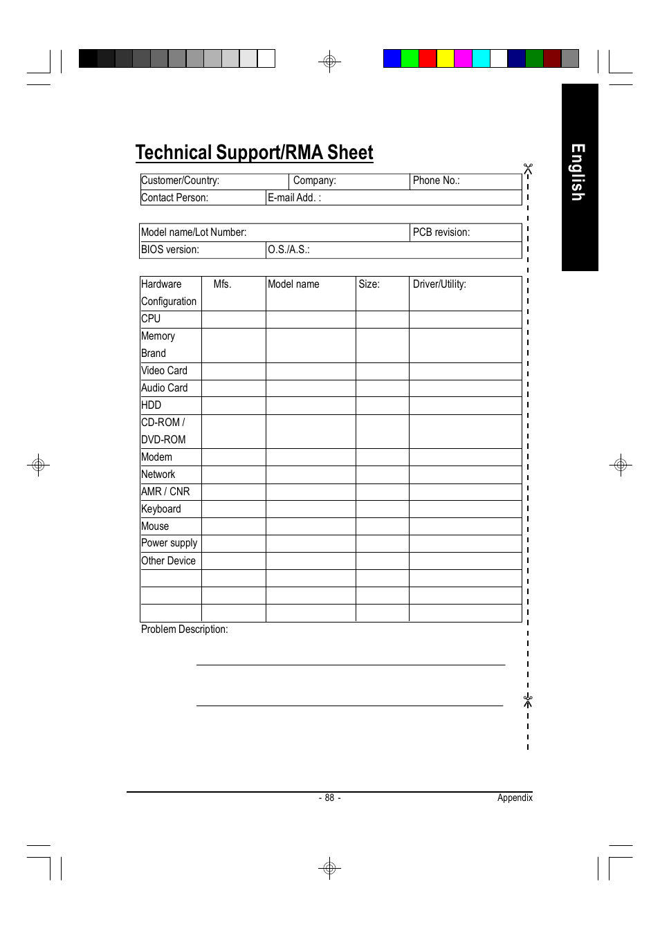 Technical support/rma sheet, English | GIGABYTE AMD Socket 754 Processor Motherboard GA-K8VT800M User Manual | Page 88 / 96