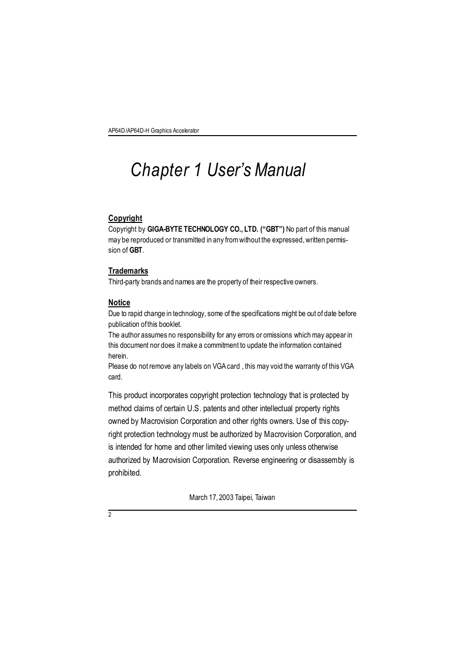Chapter 1 user’s manual | GIGABYTE RADEON AP64D-H User Manual | Page 2 / 32