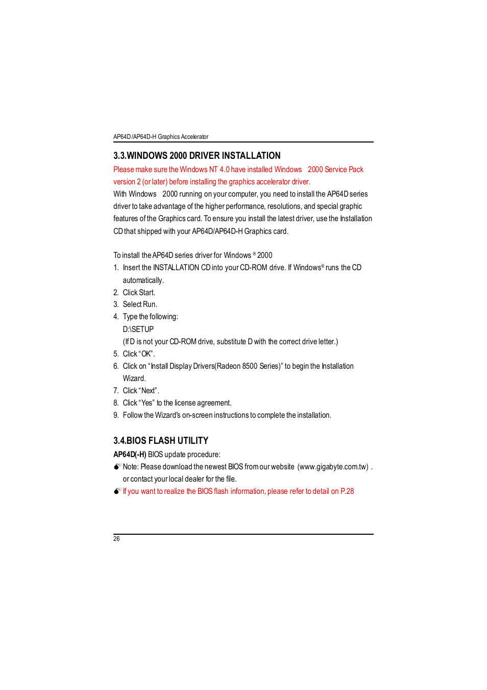 Windows 2000 driver installation, Bios flash utility | GIGABYTE RADEON AP64D-H User Manual | Page 26 / 32