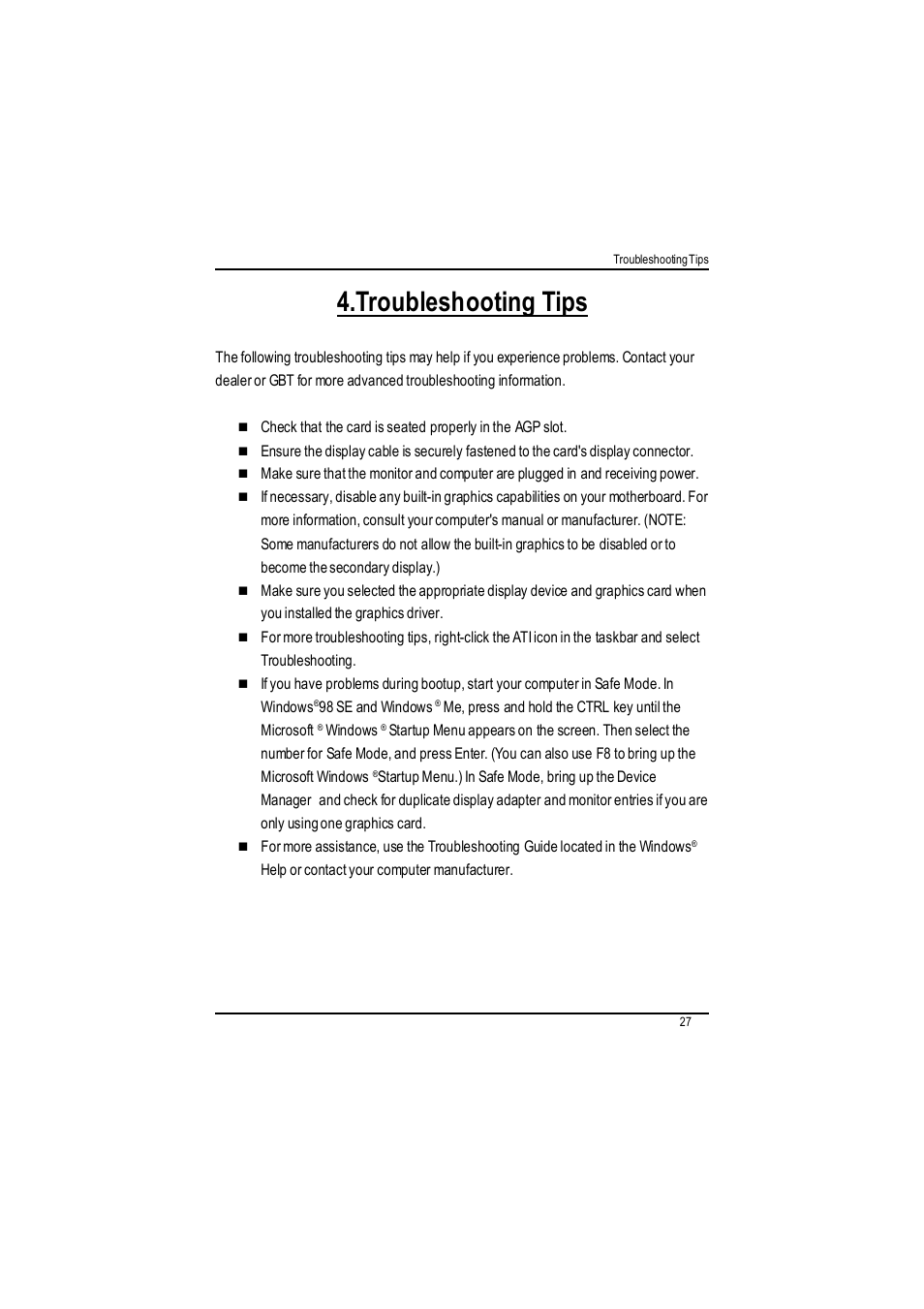 Troubleshooting tips | GIGABYTE RADEON AP64D-H User Manual | Page 27 / 32