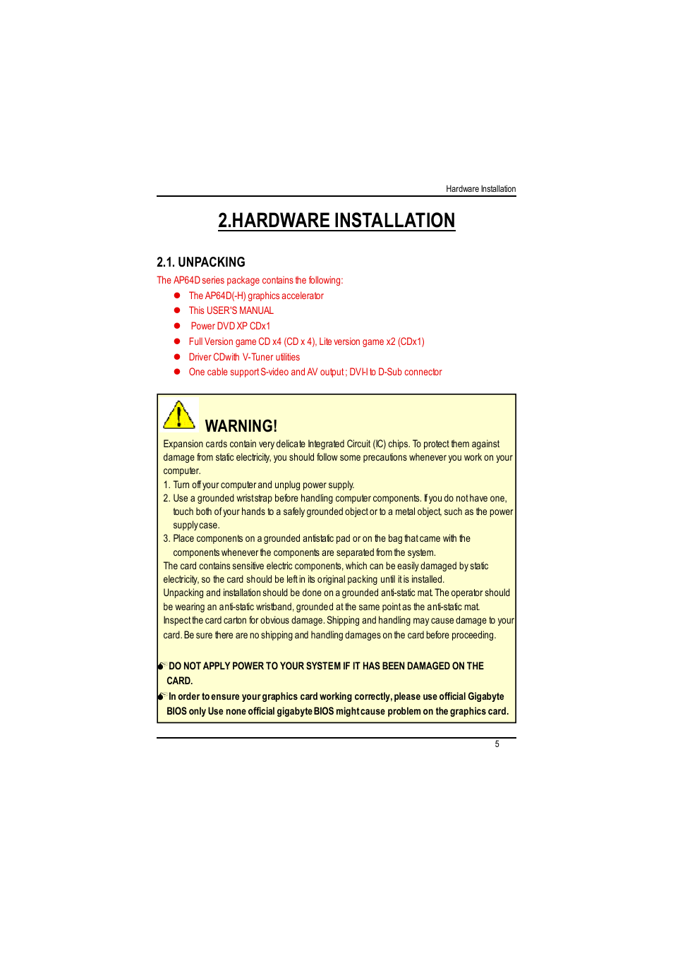 Hardware installation, Warning | GIGABYTE RADEON AP64D-H User Manual | Page 5 / 32